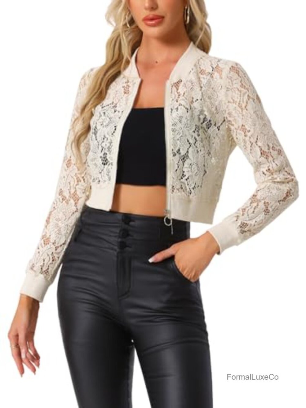 Women's Sheer Lace Zip Up Crop Baseball Jacket Gothic Lightweight